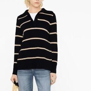 Vince Navy Blue Wool Cashmere Johnny Collar Striped Sweater Size L NWT